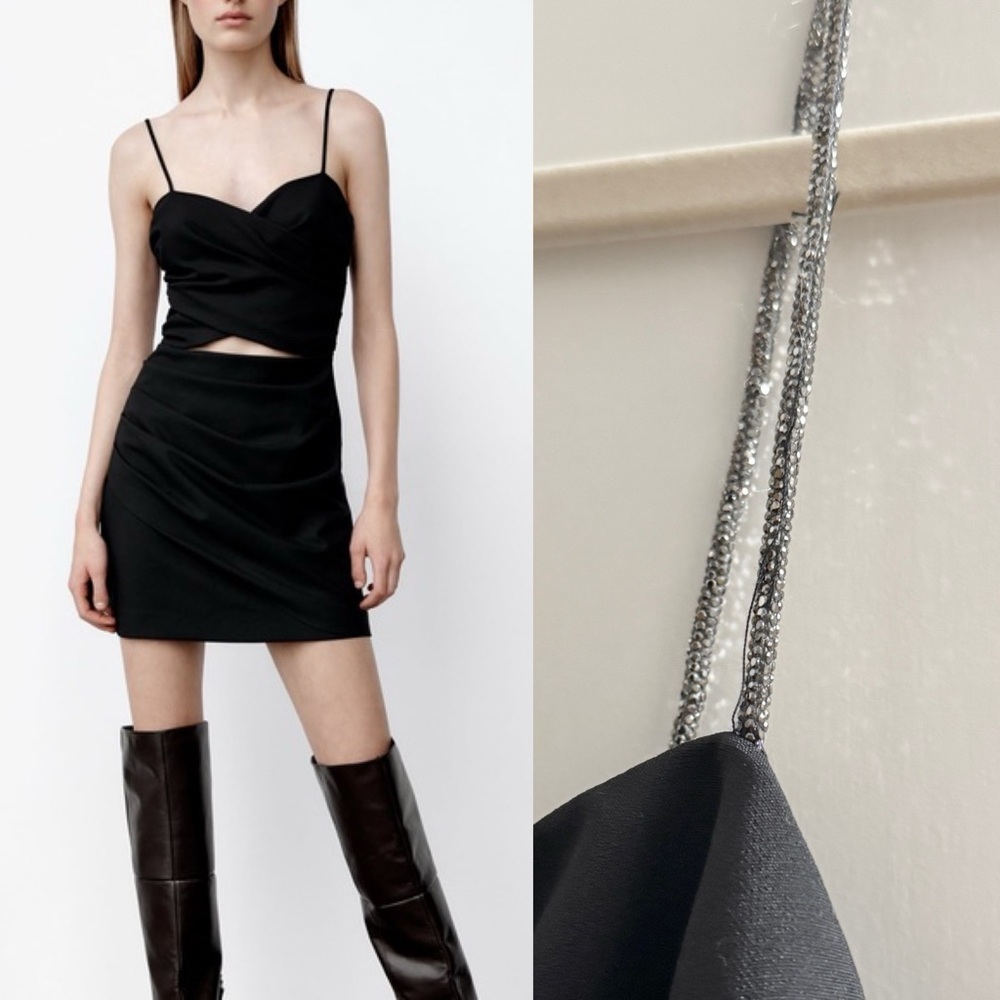 NWT | ZARA RHINESTONE STRAP STRETCH RUCHED CUT OUT BLACK MINI PARTY DRESS MEDIUM